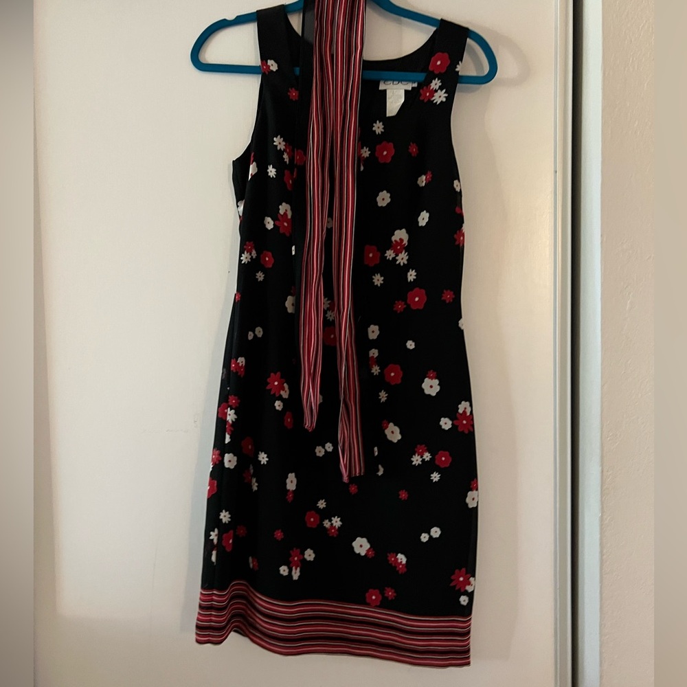 Sleeveless Black Floral Tie-Neck Dress with Red and White Accents